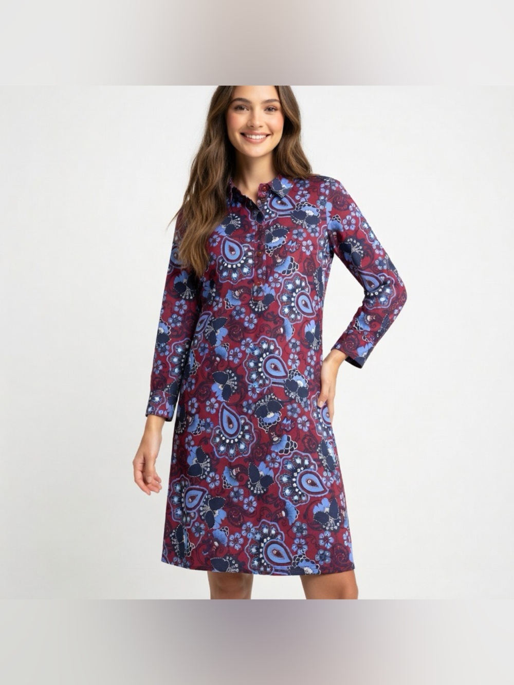 Talbots Petite Burgundy Paisley Shirt Dress 3/4 Sleeve Button Down